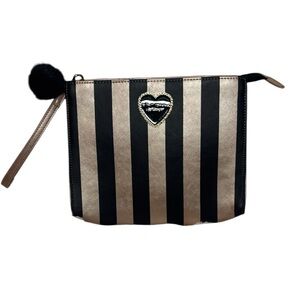 Betsey Johnson Iridescent Pink w/ Black Striped Wristlet Clutch Purse EUC